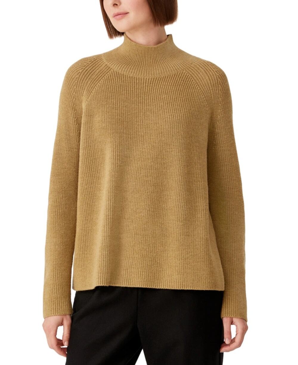 Eileen Fisher Merino Wool Camel Mock Neck Tunic Sweater XL Italian Yarn Cozy
